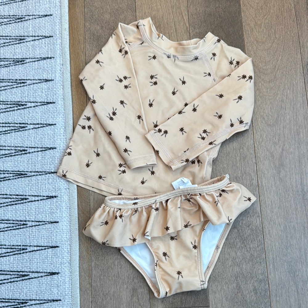 Beige Long Sleeve Top and Ruffle Bottom Swim Set